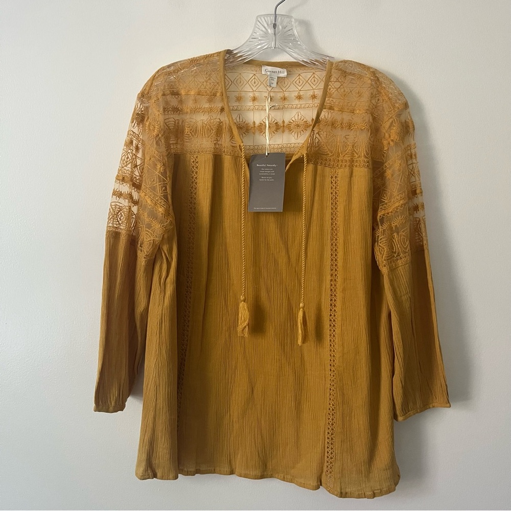 Garnet Hill 100% Organic Cotton Yellow Floral Embroidered Peasant Tassel Top 10